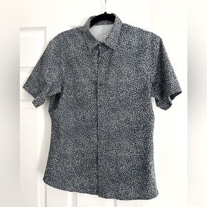 Lululemon Airing Easy button down short sleeve shirt with repeating pattern.